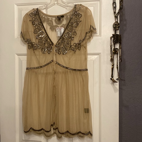 BUCKLE BLACK LABEL - NWT - tunic: sheer tan mesh s/s w gold sequins & beads - L - Picture 8 of 16
